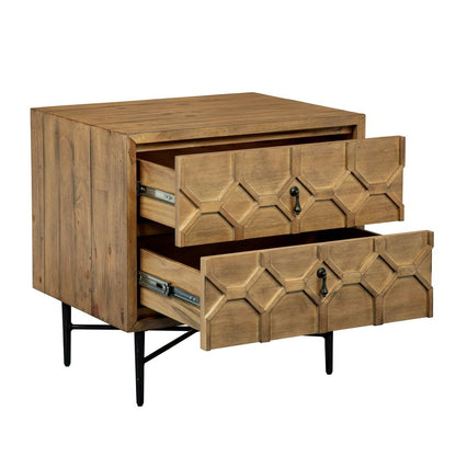 26" Natural Iron and Solid Wood Distressed Carved Geometric Two Drawer Nightstand HomeRoots