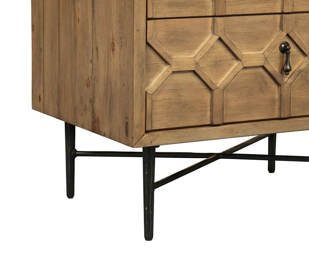 26" Natural Iron and Solid Wood Distressed Carved Geometric Two Drawer Nightstand HomeRoots