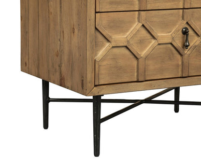 26" Natural Iron and Solid Wood Distressed Carved Geometric Two Drawer Nightstand HomeRoots