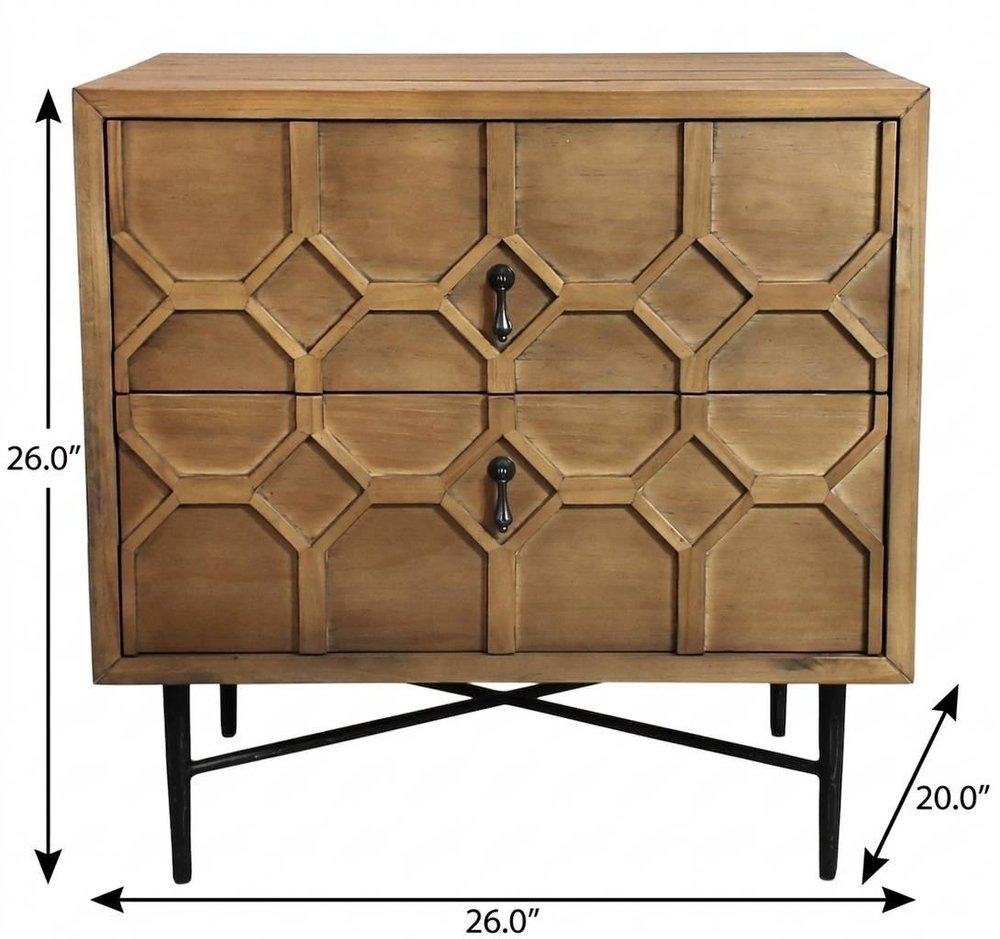 26" Natural Iron and Solid Wood Distressed Carved Geometric Two Drawer Nightstand HomeRoots