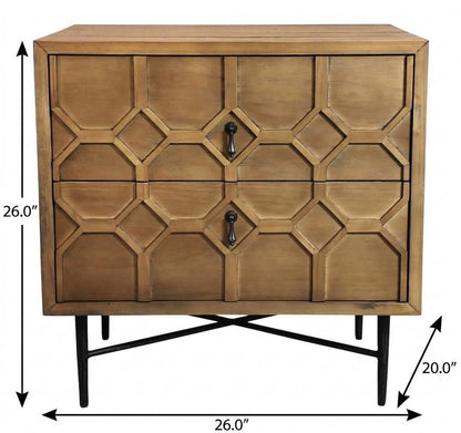 26" Natural Iron and Solid Wood Distressed Carved Geometric Two Drawer Nightstand HomeRoots
