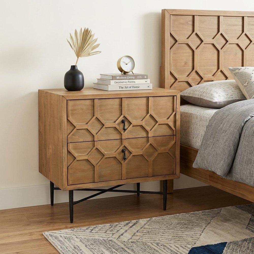 26" Natural Iron and Solid Wood Distressed Carved Geometric Two Drawer Nightstand HomeRoots