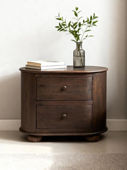 26" Brown Solid Wood Oval Distressed Two Drawer Nightstand HomeRoots