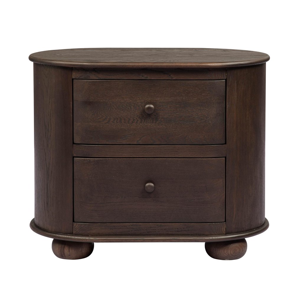26" Brown Solid Wood Oval Distressed Two Drawer Nightstand — view 3