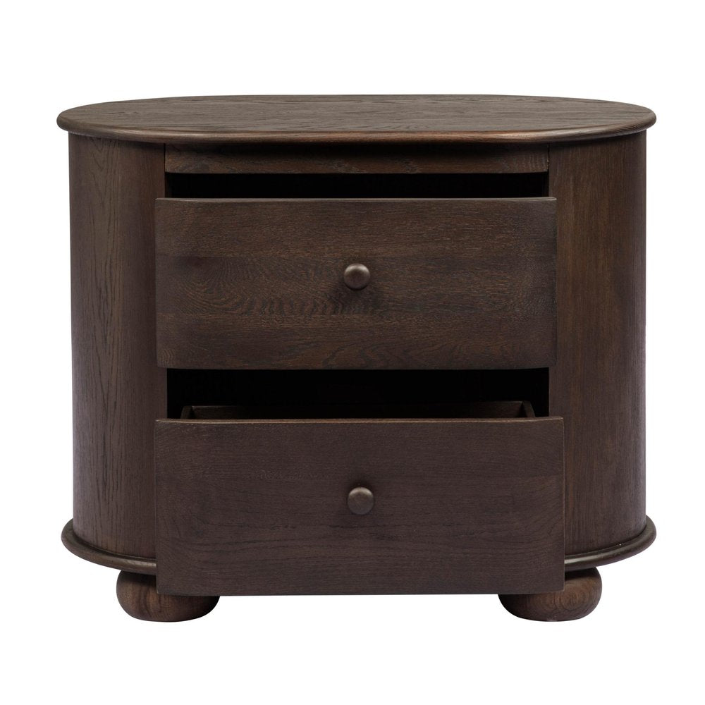 26" Brown Solid Wood Oval Distressed Two Drawer Nightstand — view 5