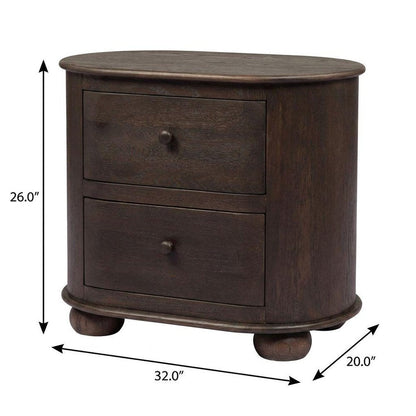 26" Brown Solid Wood Oval Distressed Two Drawer Nightstand HomeRoots