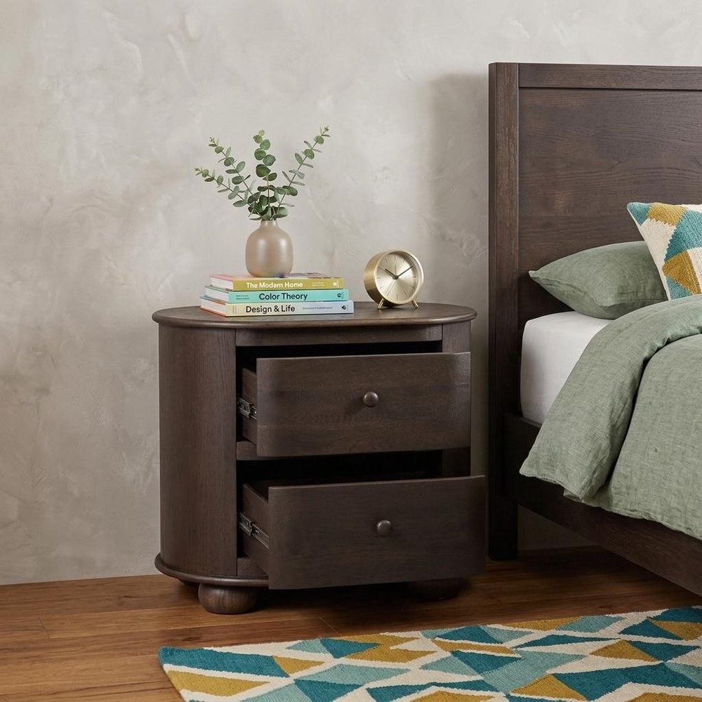 26" Brown Solid Wood Oval Distressed Two Drawer Nightstand HomeRoots