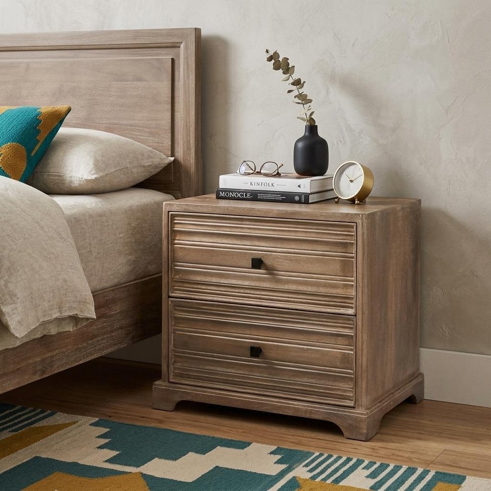 24" Light Brown Solid Wood Distressed Two Drawer Nightstand HomeRoots