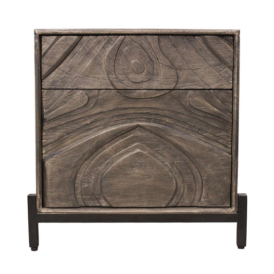 24" Ash Gray Solid Wood Distressed Carved Abstract One Drawer Nightstand
