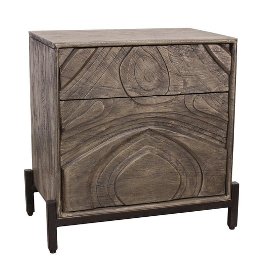 24" Ash Gray Solid Wood Distressed Carved Abstract One Drawer Nightstand
