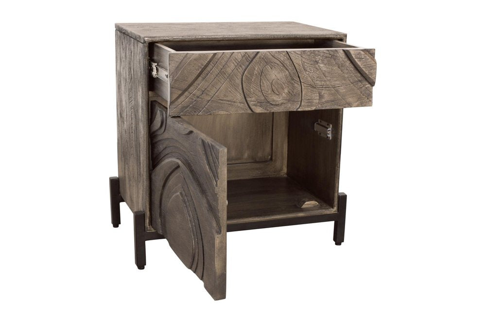 24" Ash Gray Solid Wood Distressed Carved Abstract One Drawer Nightstand HomeRoots
