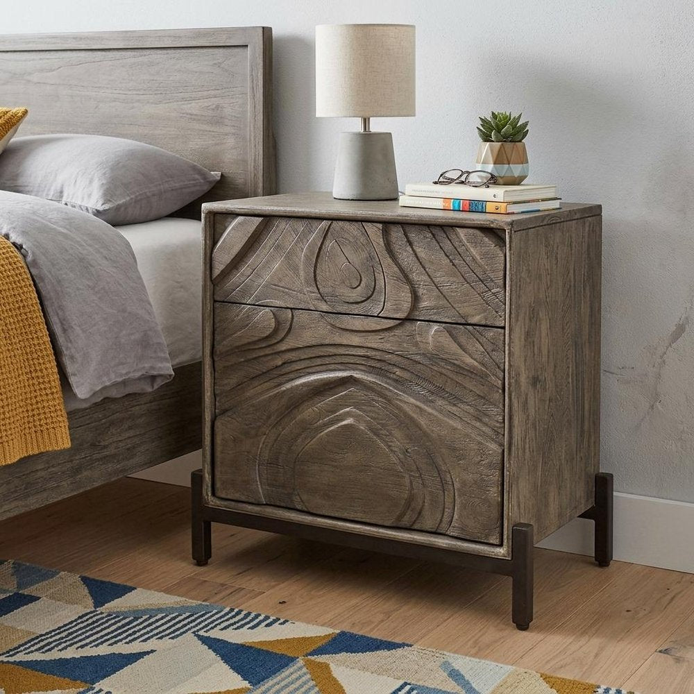 24" Ash Gray Solid Wood Distressed Carved Abstract One Drawer Nightstand HomeRoots