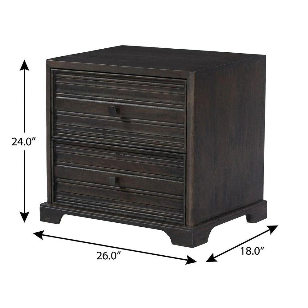 24" Umber Solid Wood Distressed Carved Geometric Two Drawer Nightstand HomeRoots