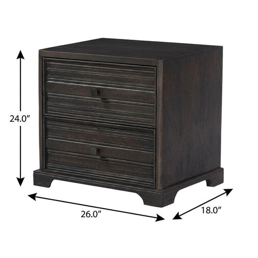 24" Umber Solid Wood Distressed Carved Geometric Two Drawer Nightstand
