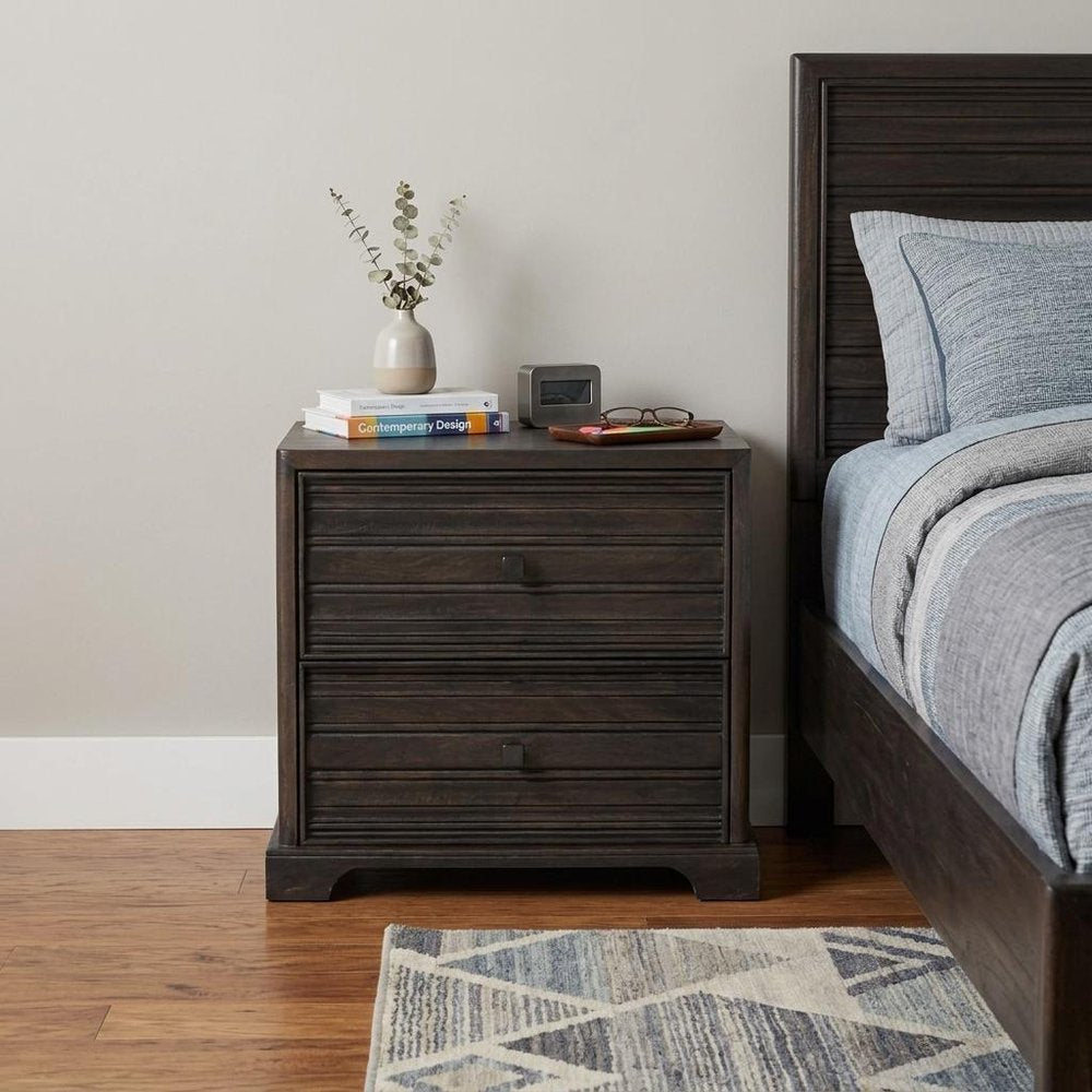 24" Umber Solid Wood Distressed Carved Geometric Two Drawer Nightstand — view 4