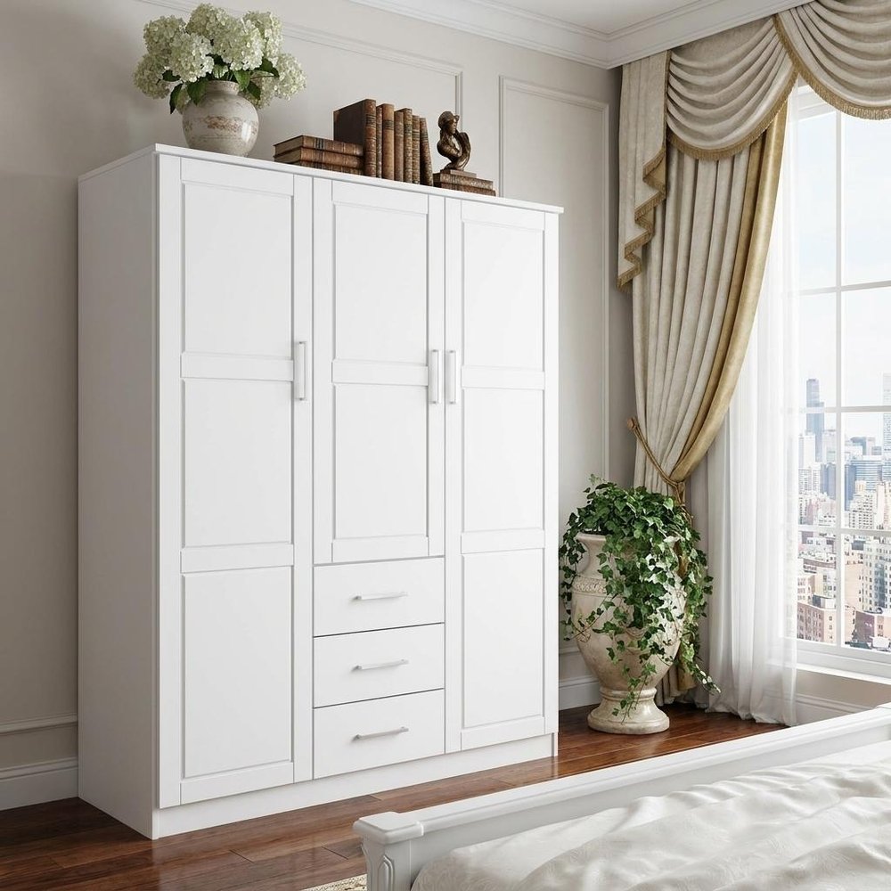 72" White Solid Wood Three Door Three Drawer Combo Dresser — view 12