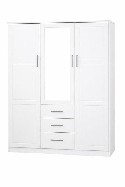 72" White Raised Panel Solid Wood Mirrored Three Door Three Drawer Combo Dresser