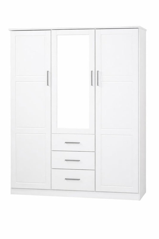 72" White Raised Panel Solid Wood Mirrored Three Door Three Drawer Combo Dresser