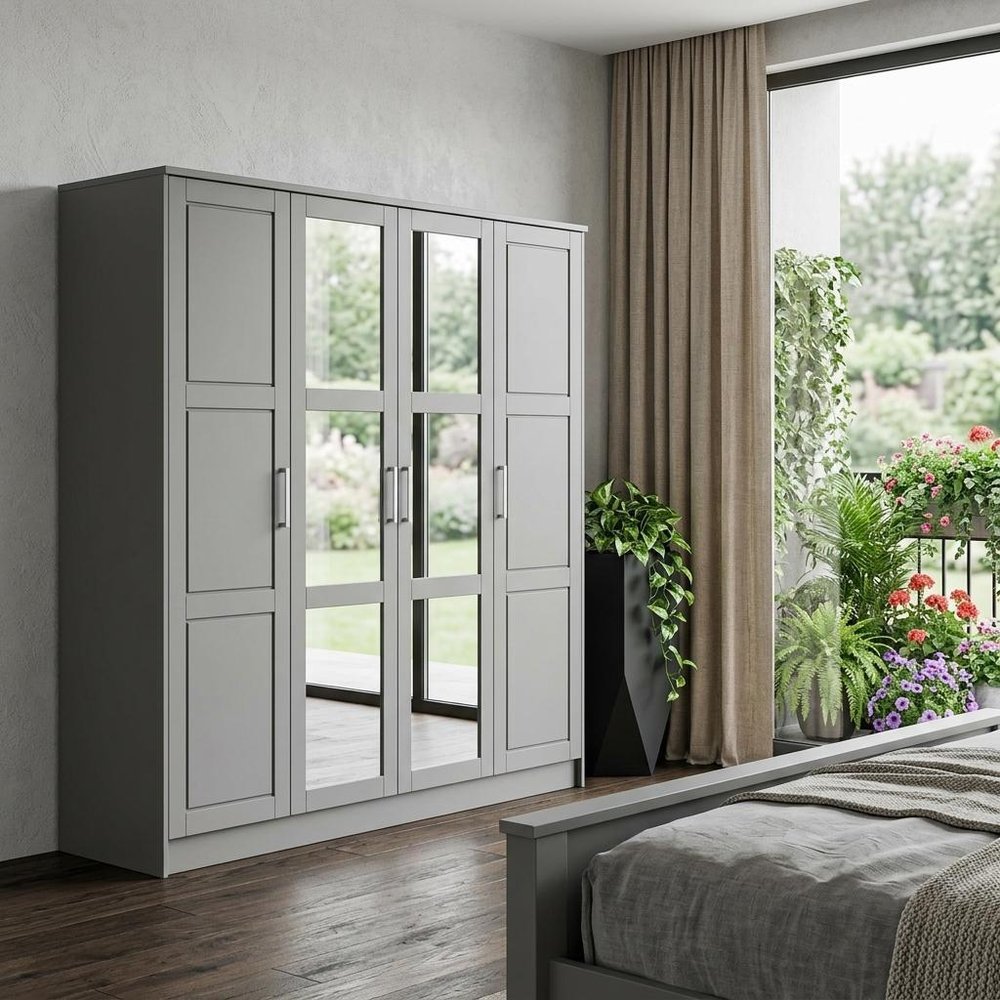 75" White Raised Panel Solid Wood Four Door Armoire Wardrobe
