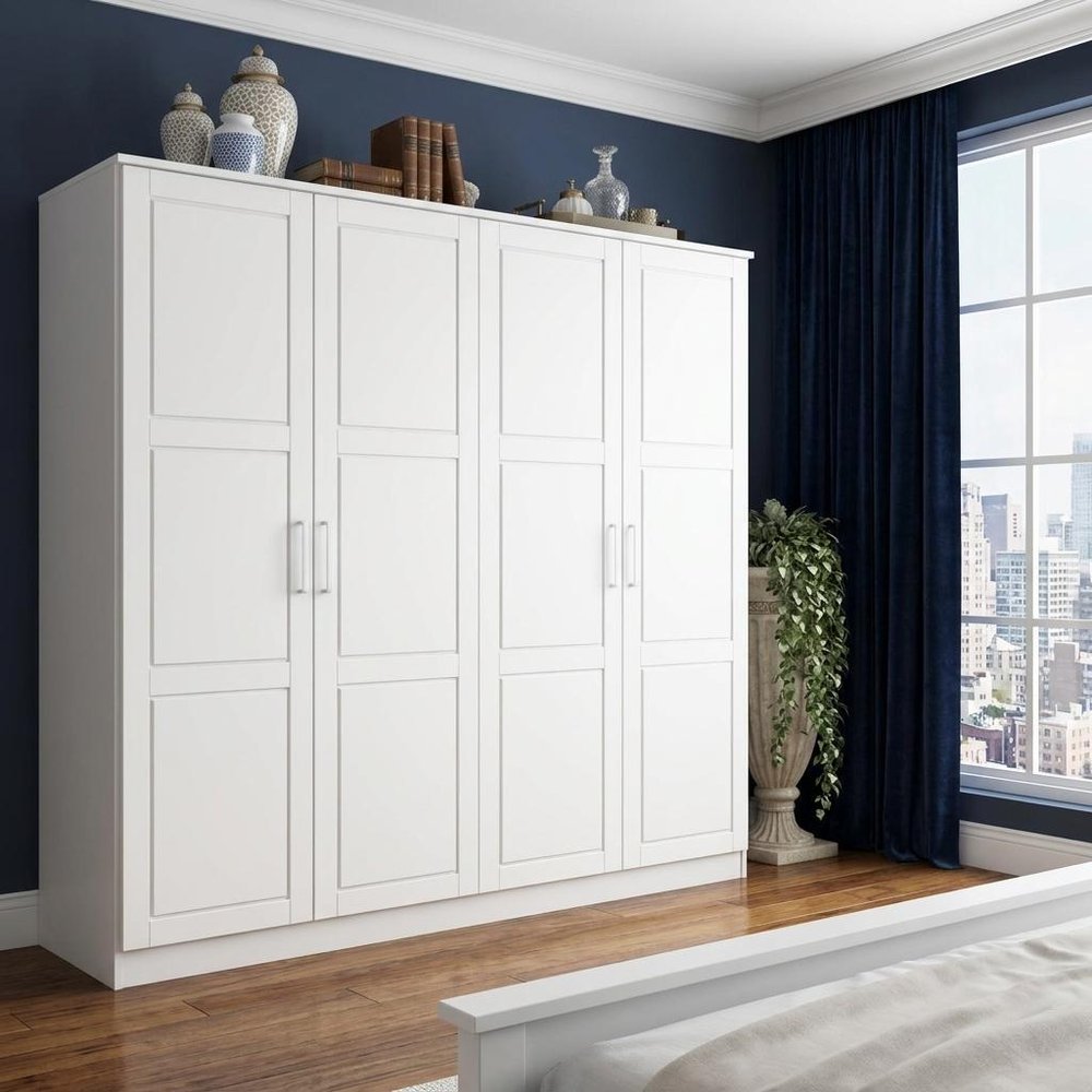 75" White Raised Panel Solid Wood Four Door Armoire Wardrobe
