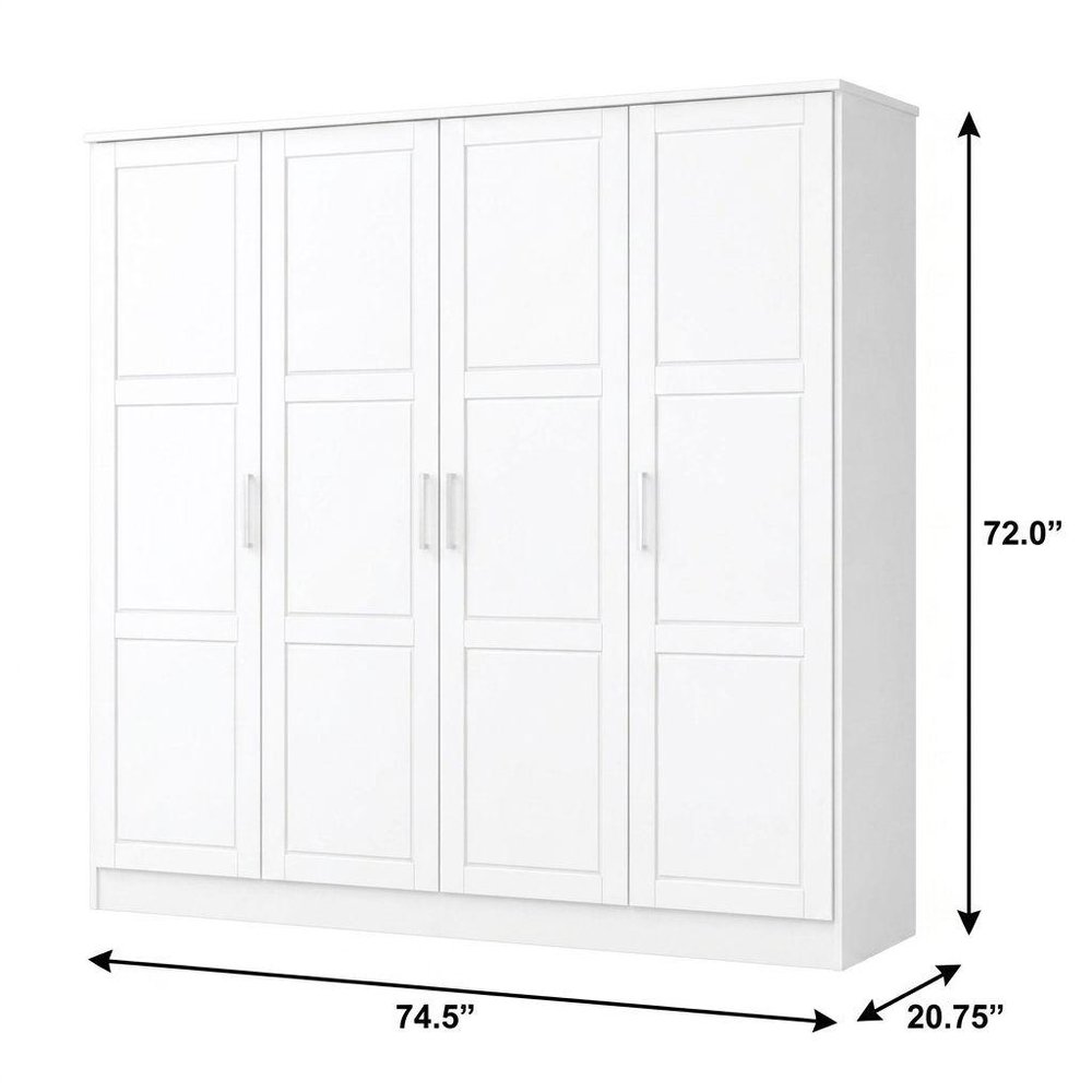 75" White Raised Panel Solid Wood Four Door Armoire Wardrobe — view 10