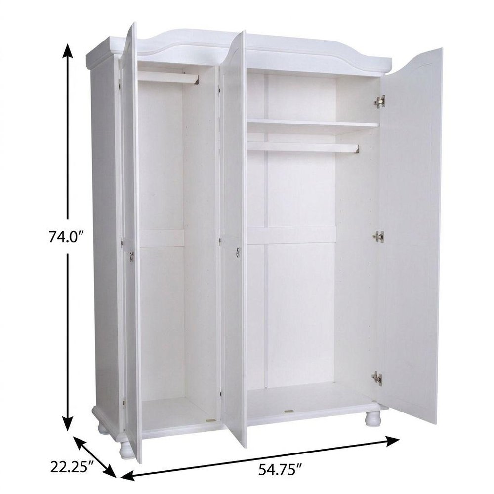 55" White Raised Panel Solid Wood Three Door Armoire Wardrobe