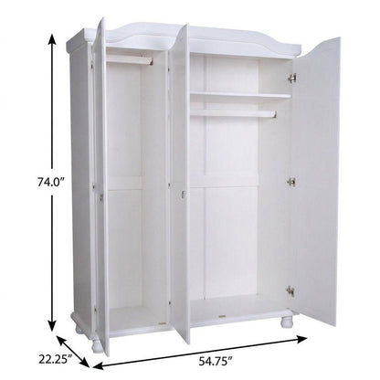 55" White Raised Panel Solid Wood Three Door Armoire Wardrobe