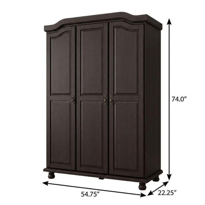 55" Espresso Raised Panel Solid Wood Three Door Armoire Wardrobe