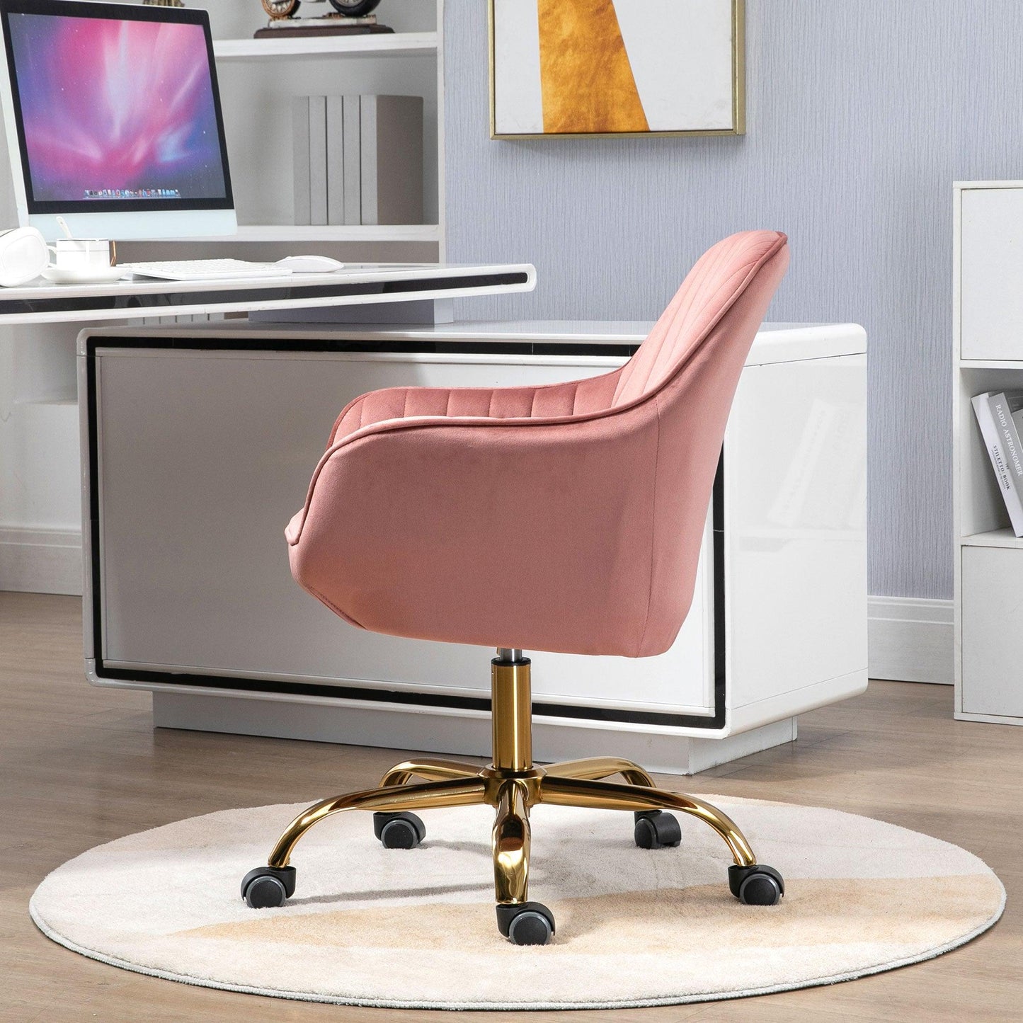 360° Pink Velvet Swivel Chair With High Back Adjustable Working Chair With Golden Color Base - FurniFindUSA