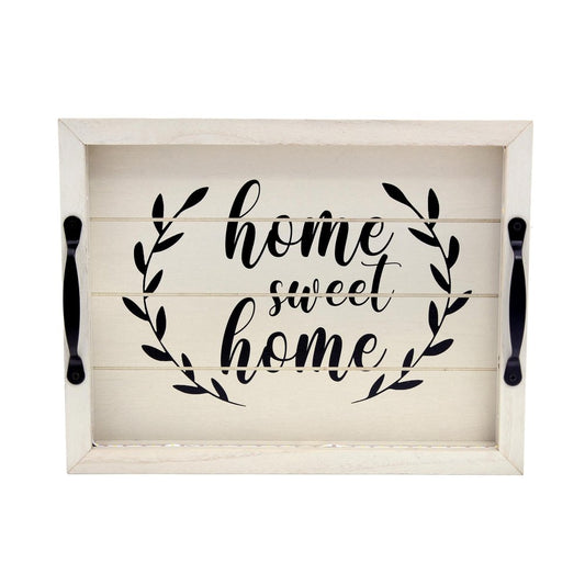 16" White And Black Wood Home Sweet Home Serving Tray With Handles And LED Lights HomeRoots