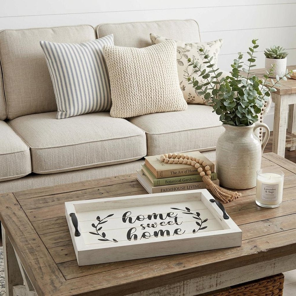 16" White And Black Wood Home Sweet Home Serving Tray With Handles And LED Lights HomeRoots