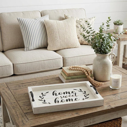 16" White And Black Wood Home Sweet Home Serving Tray With Handles And LED Lights HomeRoots
