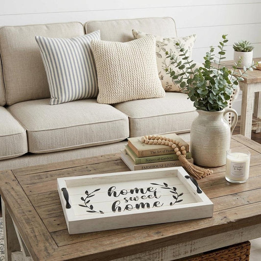 16" White And Black Wood Home Sweet Home Serving Tray With Handles And LED Lights