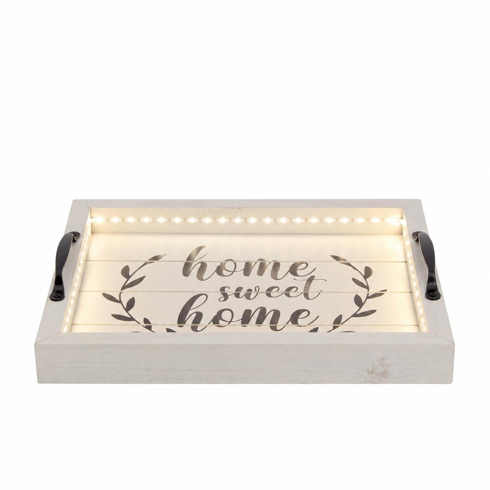 16" White And Black Wood Home Sweet Home Serving Tray With Handles And LED Lights — view 3