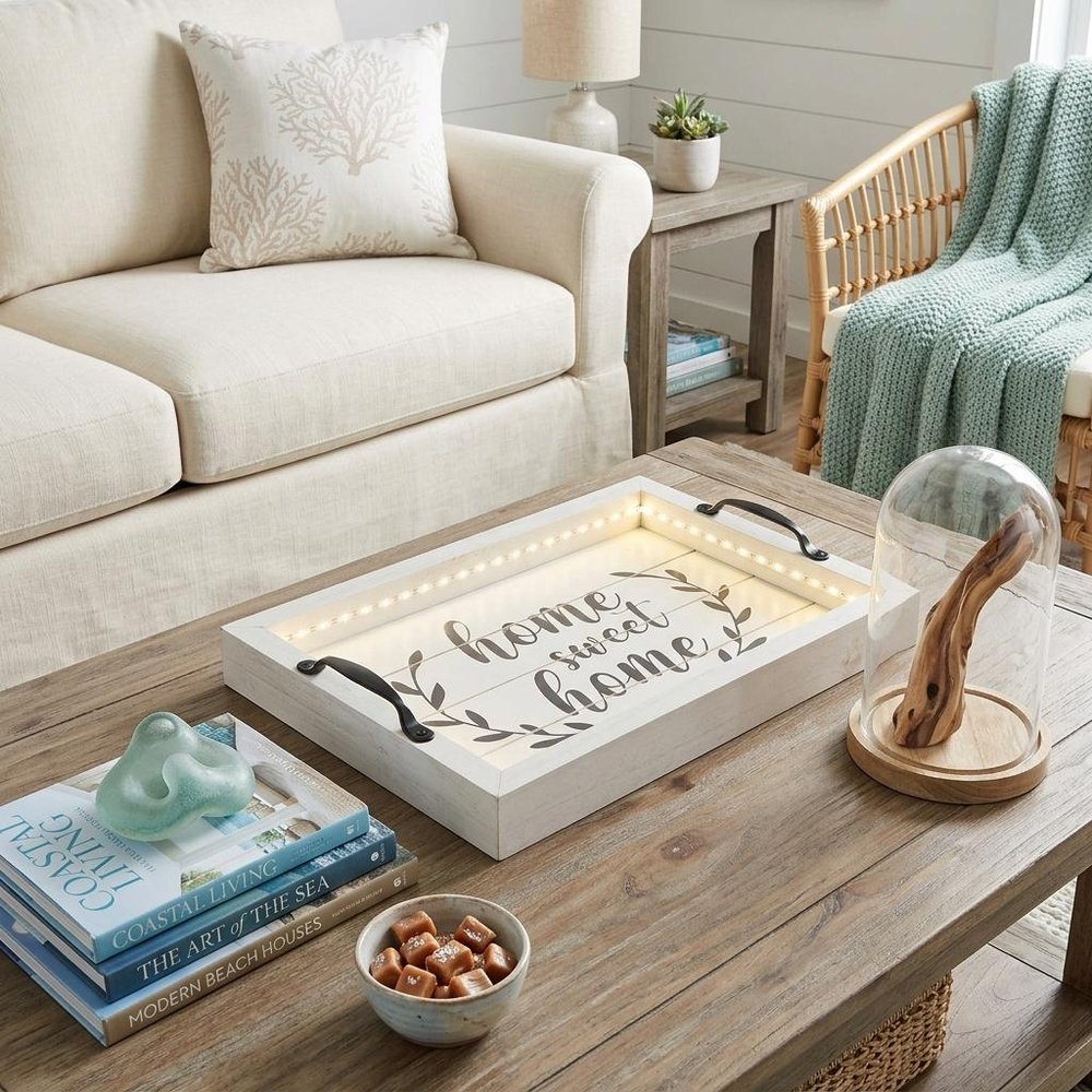 16" White And Black Wood Home Sweet Home Serving Tray With Handles And LED Lights — view 5