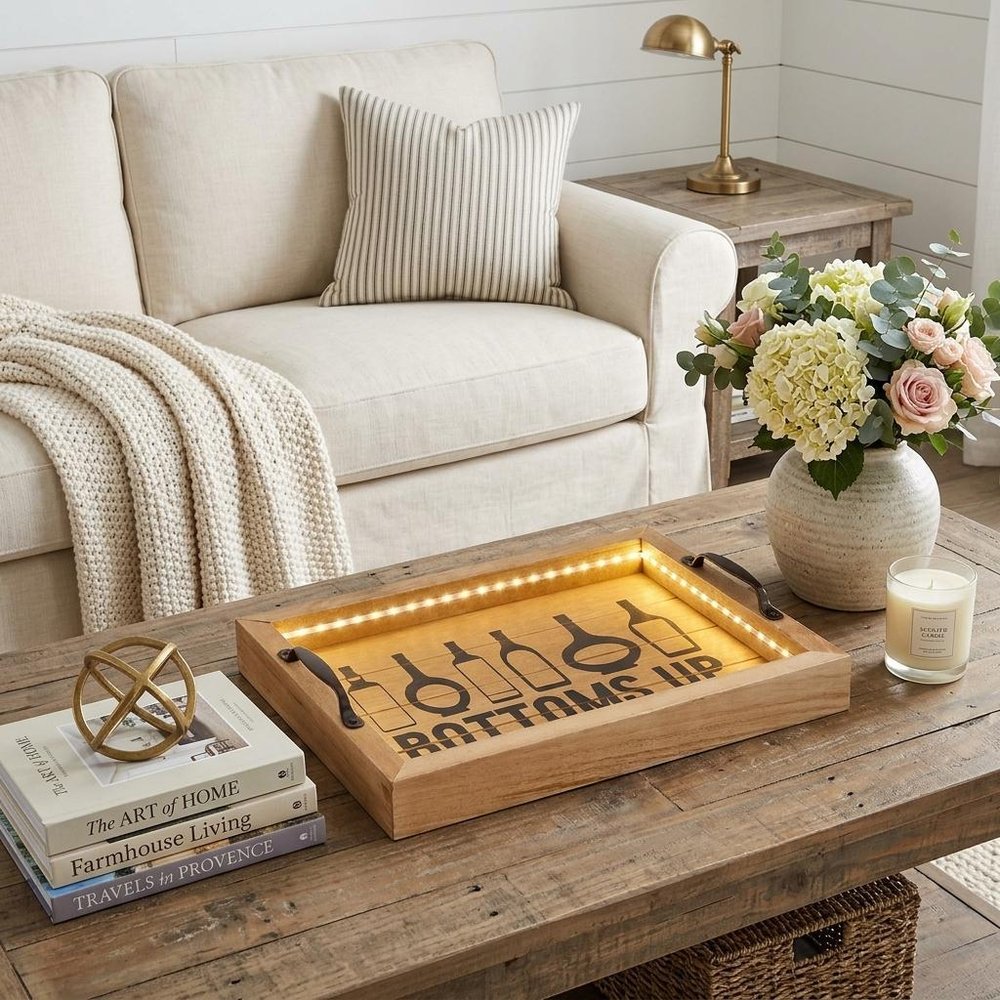 16" White And Black Wood Home Sweet Home Serving Tray With Handles And LED Lights HomeRoots