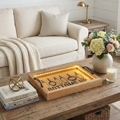 16" White And Black Wood Home Sweet Home Serving Tray With Handles And LED Lights HomeRoots