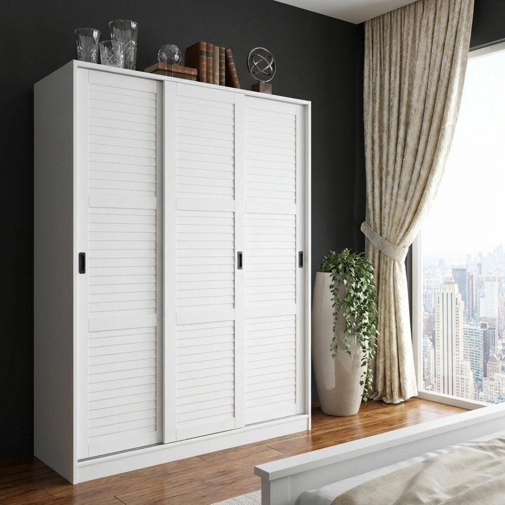 52" White Plantation Shutter Solid Wood Three Door Armoire Wardrobe — view 6