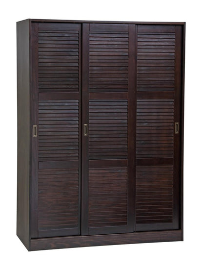 52" Dark Brown Plantation Shutter Solid Wood Three Door Armoire Wardrobe