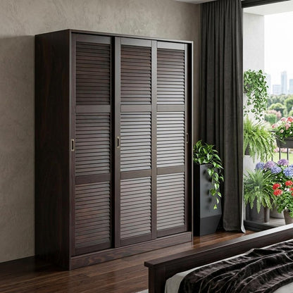 52" Dark Brown Plantation Shutter Solid Wood Three Door Armoire Wardrobe