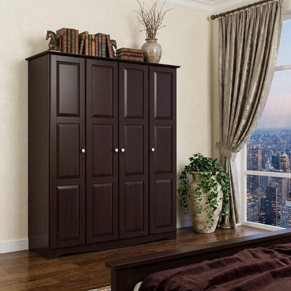 60" Dark Brown Raised Panel Solid Wood Four Door Armoire Wardrobe