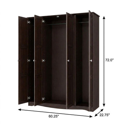 60" Dark Brown Raised Panel Solid Wood Four Door Armoire Wardrobe