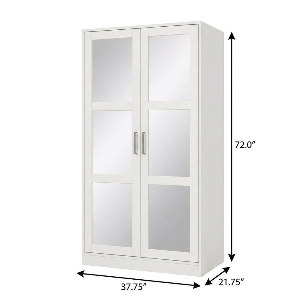 38" White Solid Wood Mirrored Two Door Armoire Wardrobe