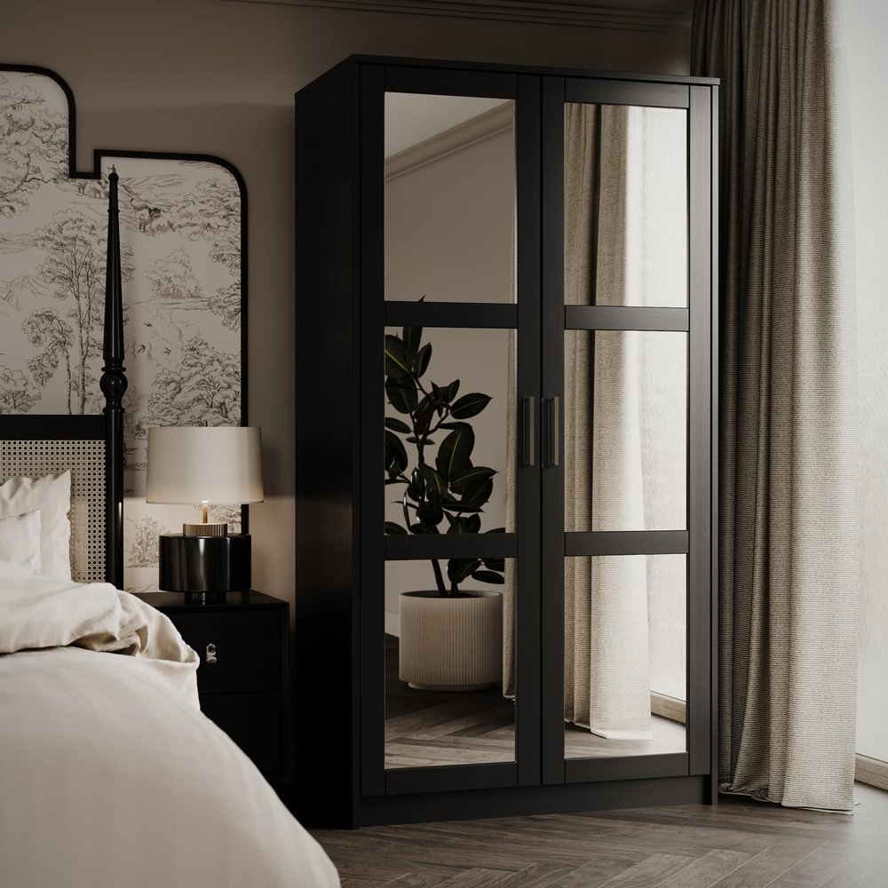 72" Black Solid Wood Mirrored Two Door Combo Dresser — view 1