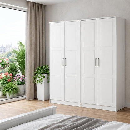 76" White Raised Panel Solid Wood Four Door Armoire Wardrobe