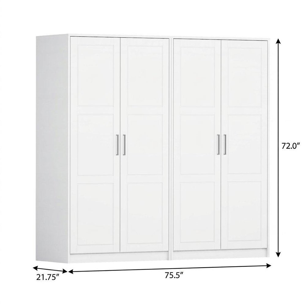 76" White Raised Panel Solid Wood Four Door Armoire Wardrobe — view 6