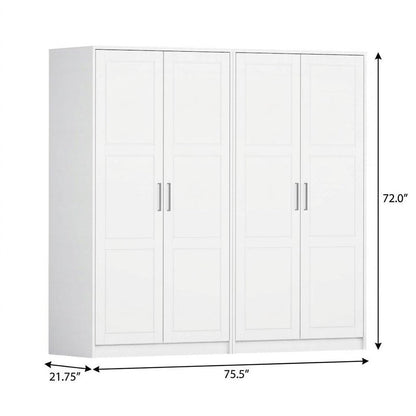 76" White Raised Panel Solid Wood Four Door Armoire Wardrobe