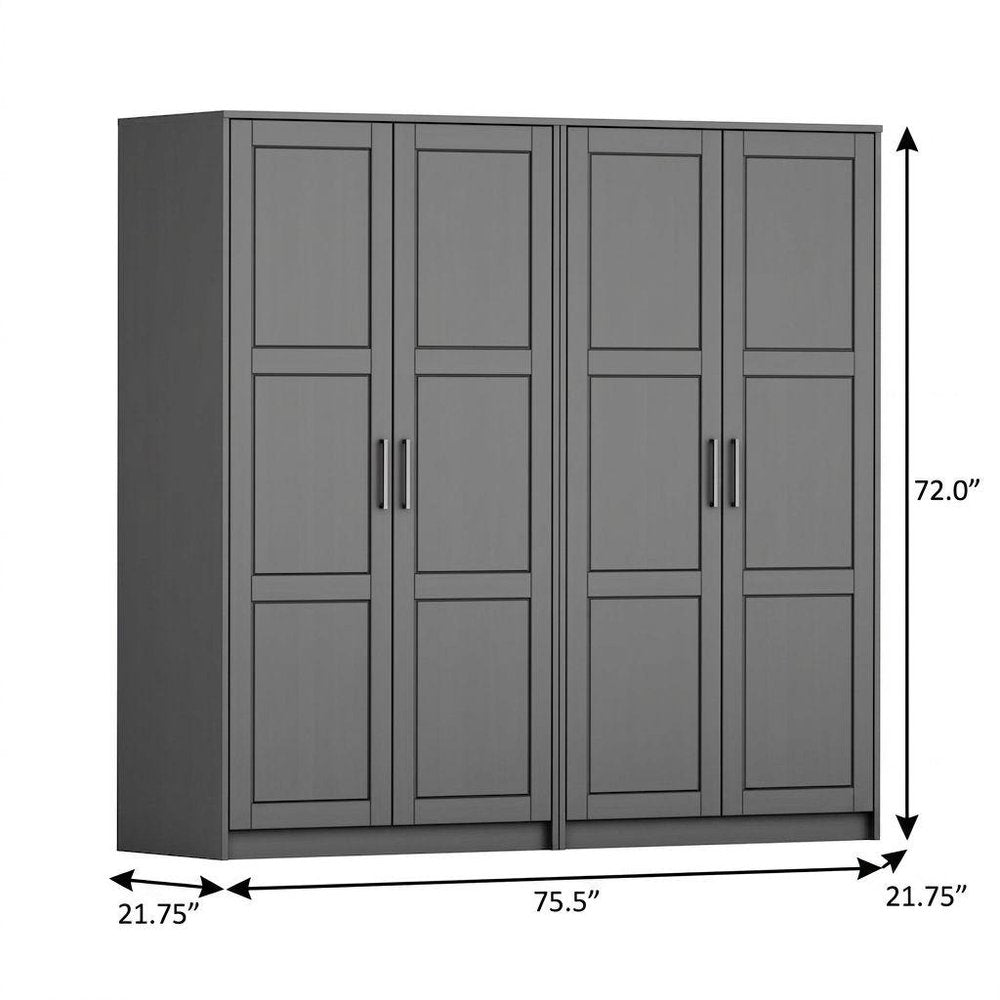 76" White Raised Panel Solid Wood Four Door Armoire Wardrobe