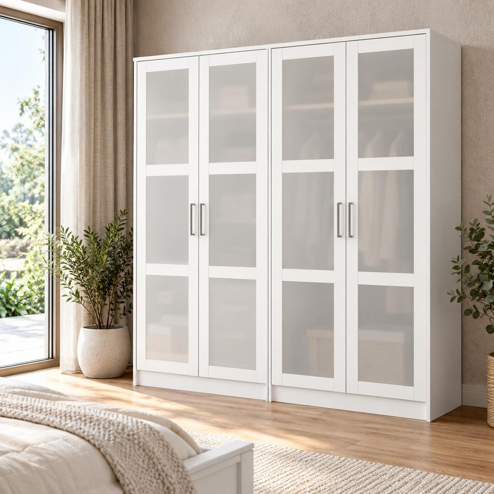 76" White Solid Wood Mirrored Four Door Armoire Wardrobe