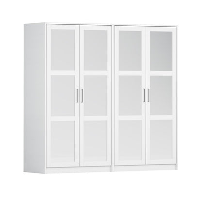 76" White Solid Wood Mirrored Four Door Armoire Wardrobe